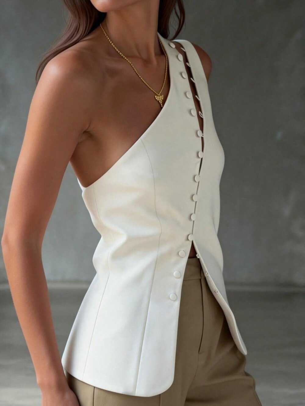 White Casual Women's Minimalist Button Front Button Oblique Shoulder Vest Top - Picture 7 of 8